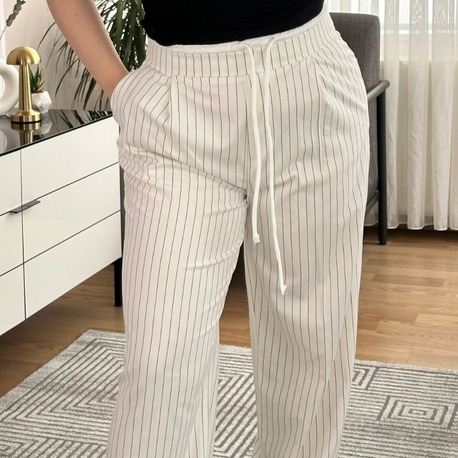 Beyaz Çizgili Bol Paça Pantolon